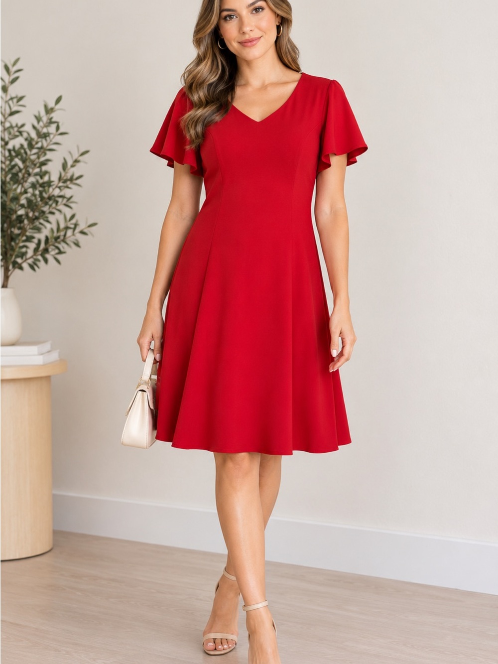 H R HOMRAIN Red V-Neck Flutter Sleeve Dress SIZE XL.